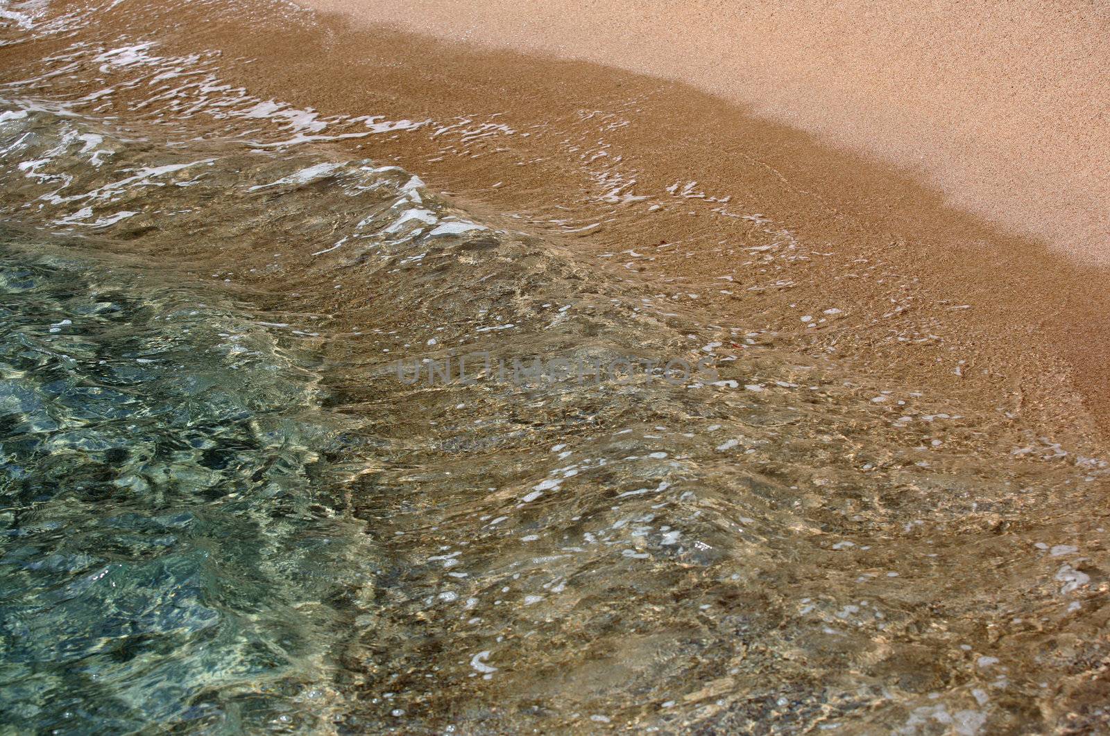 Blue coastal transparent water and sand