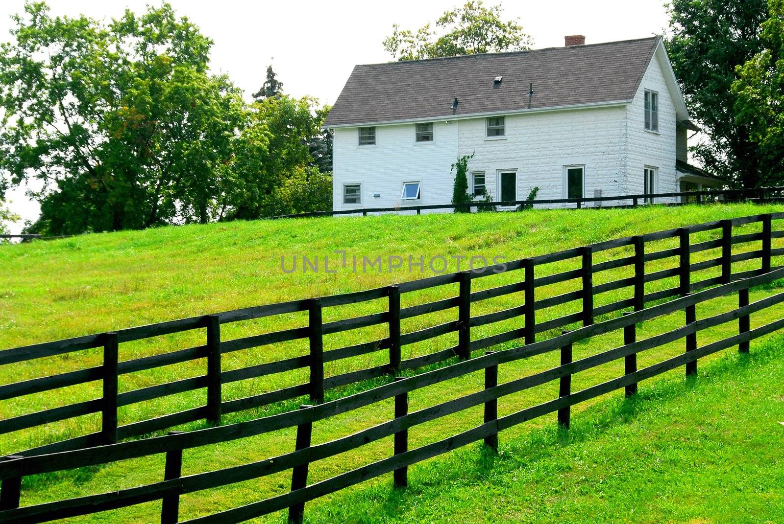 Farmhouse with fence among green fields