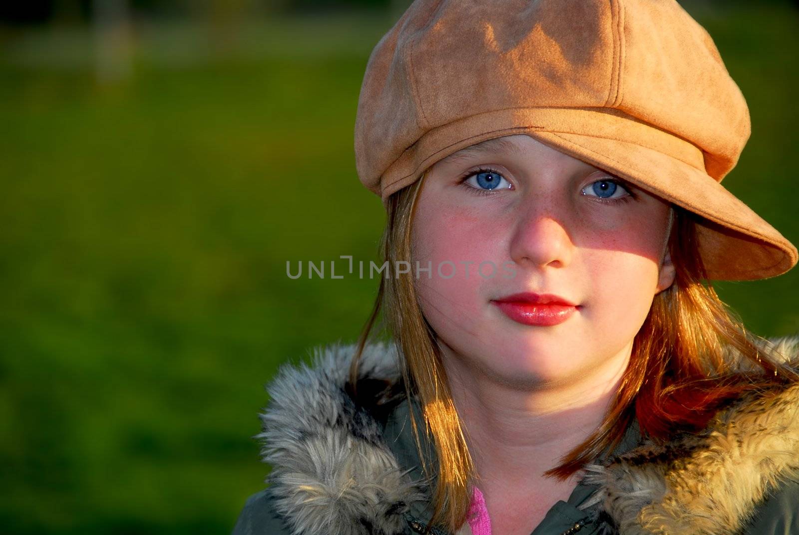 Portrait of a young girl wearing suede hat on green background