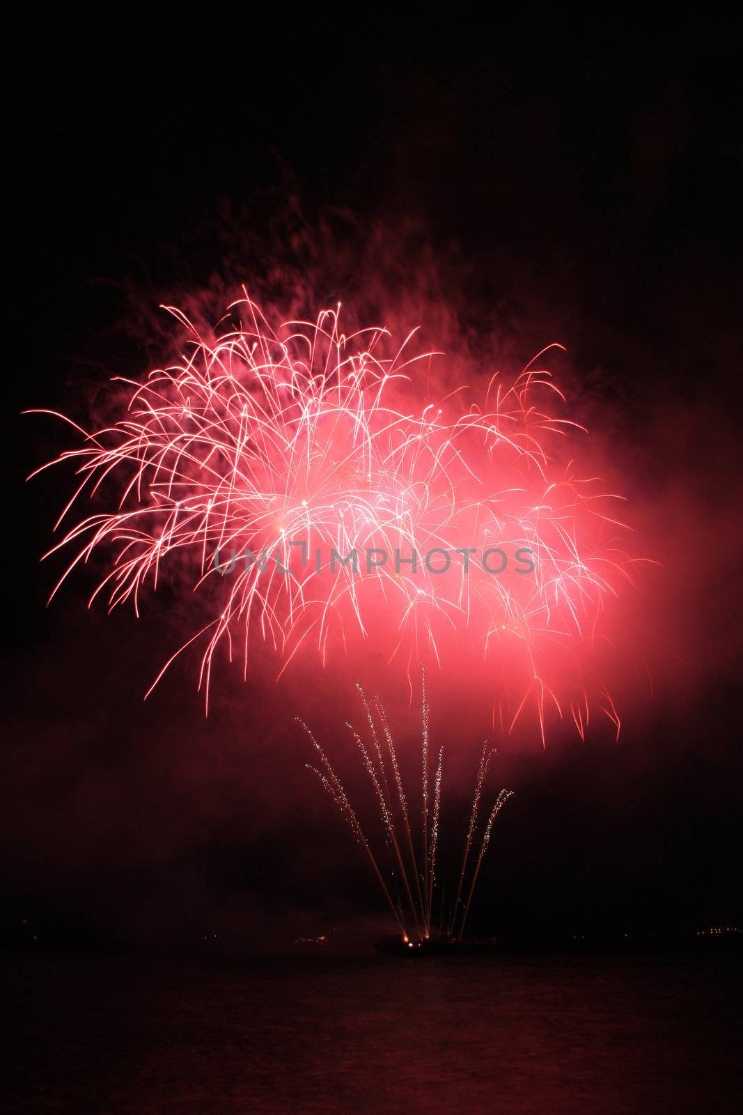 bright red fancy fireworks against the dark sky

