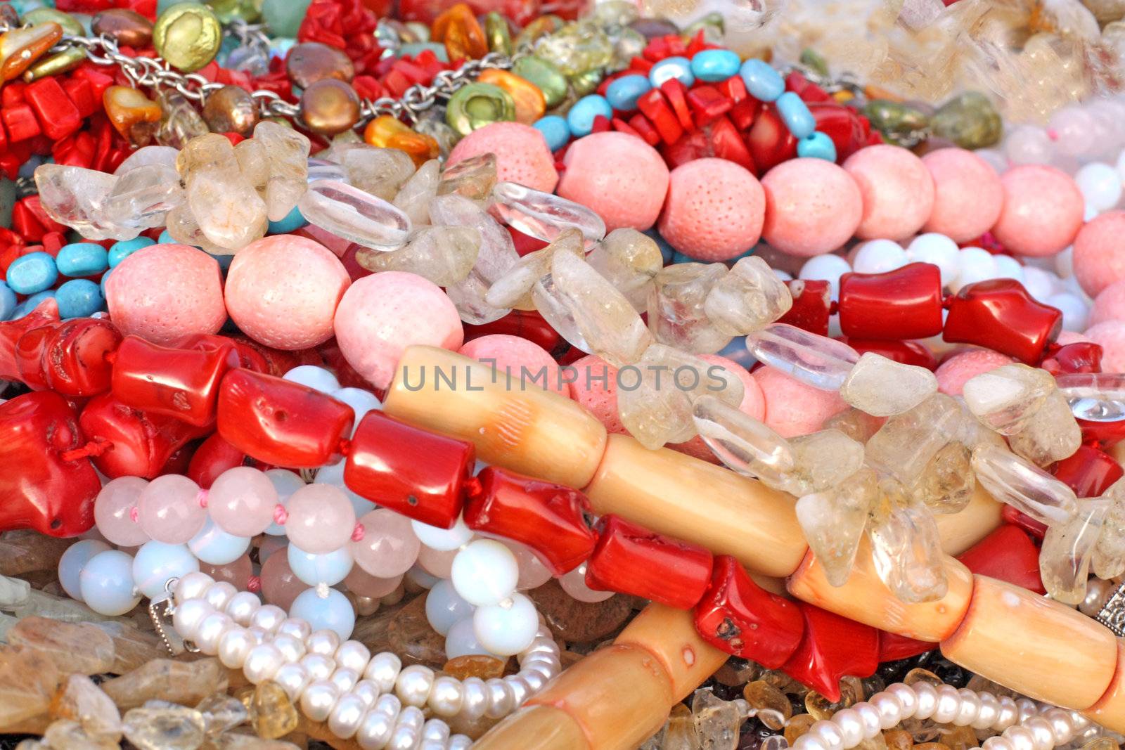 Close up of the coral, gemstone and pearl beads
