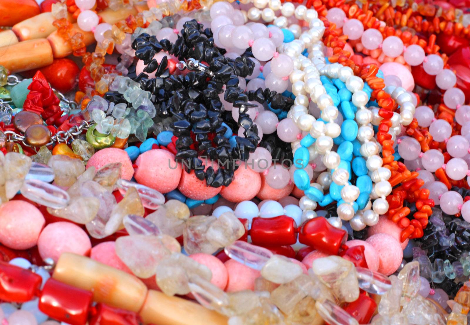 Close up of the coral and gemstone beads