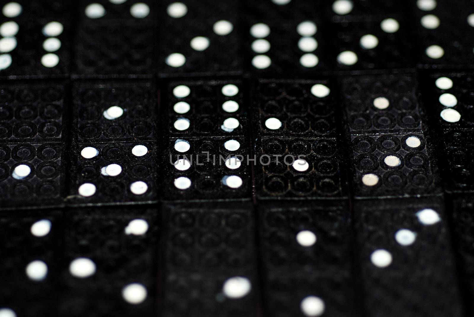 A photograph of rows of domino tiles with splodgy pips on display