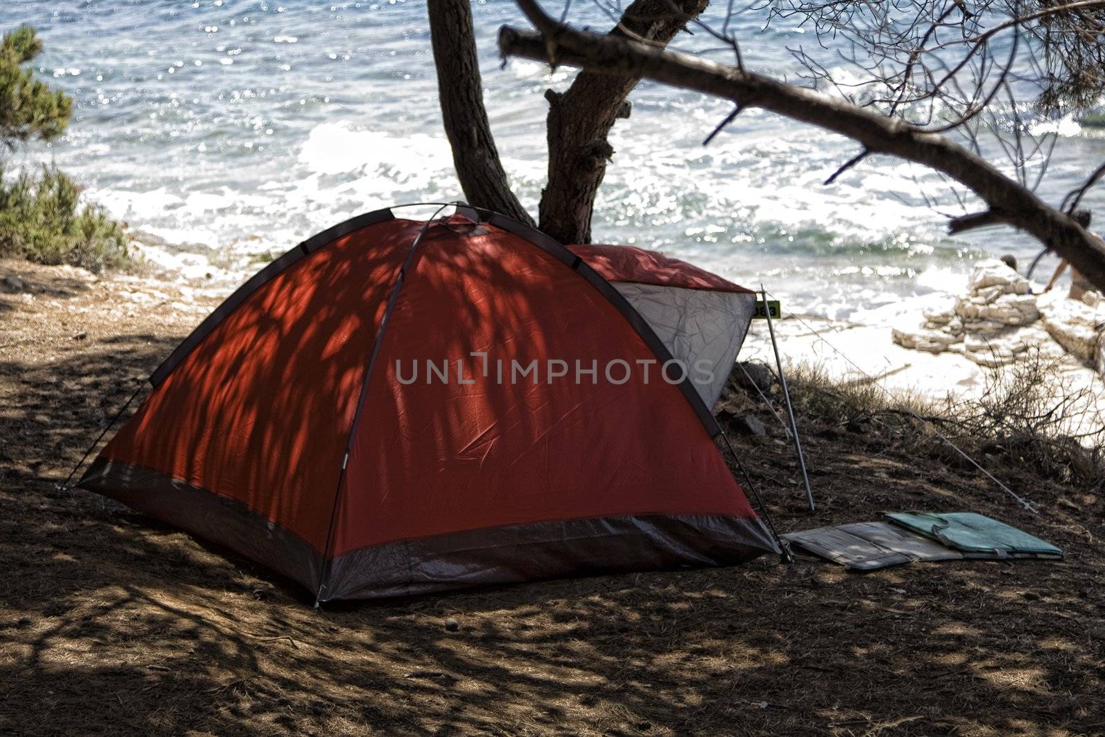 Red tent in the forrest near the beach