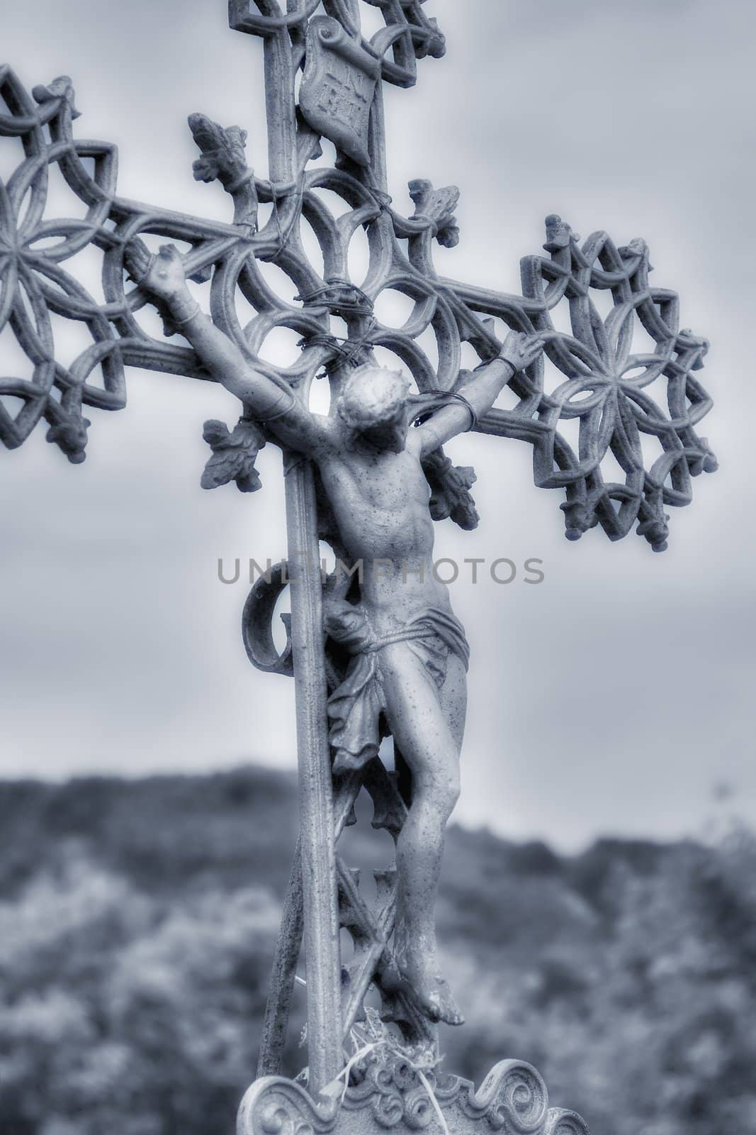 Spiritual background - Jesus on Cross. Retro style toned , soft focus photo