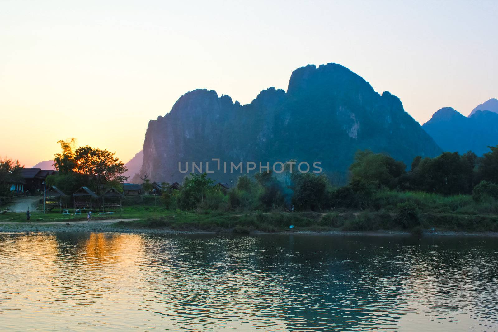 Riverside view with sundown at Laos
