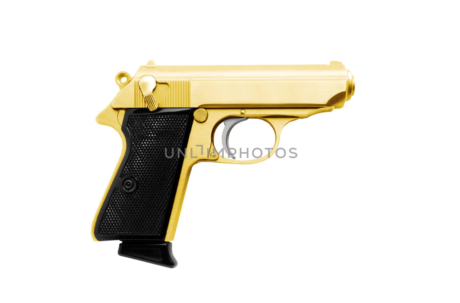 Golden revolver gun isolated on white background