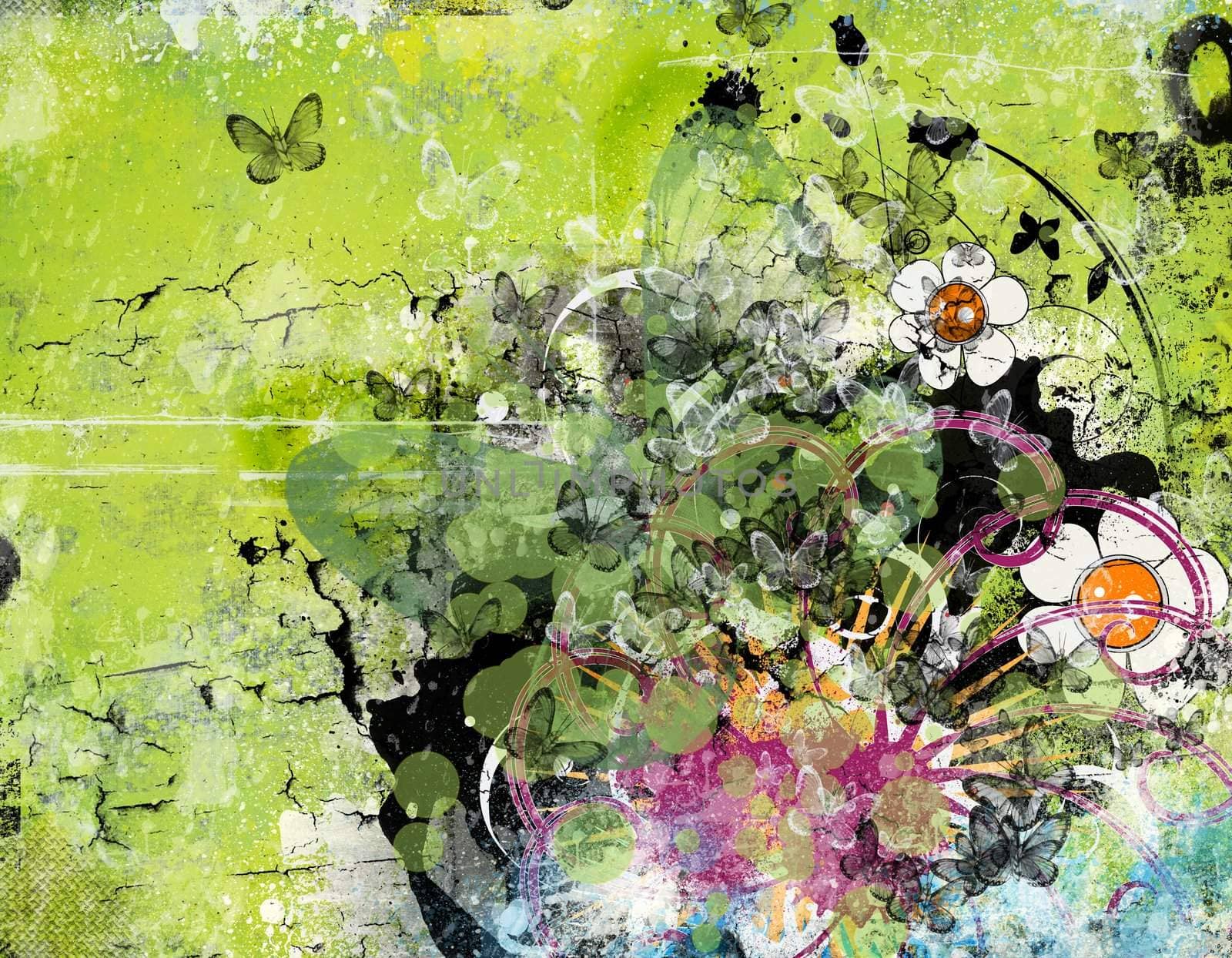 Computer designed highly detailed grunge abstract textured floral collage.