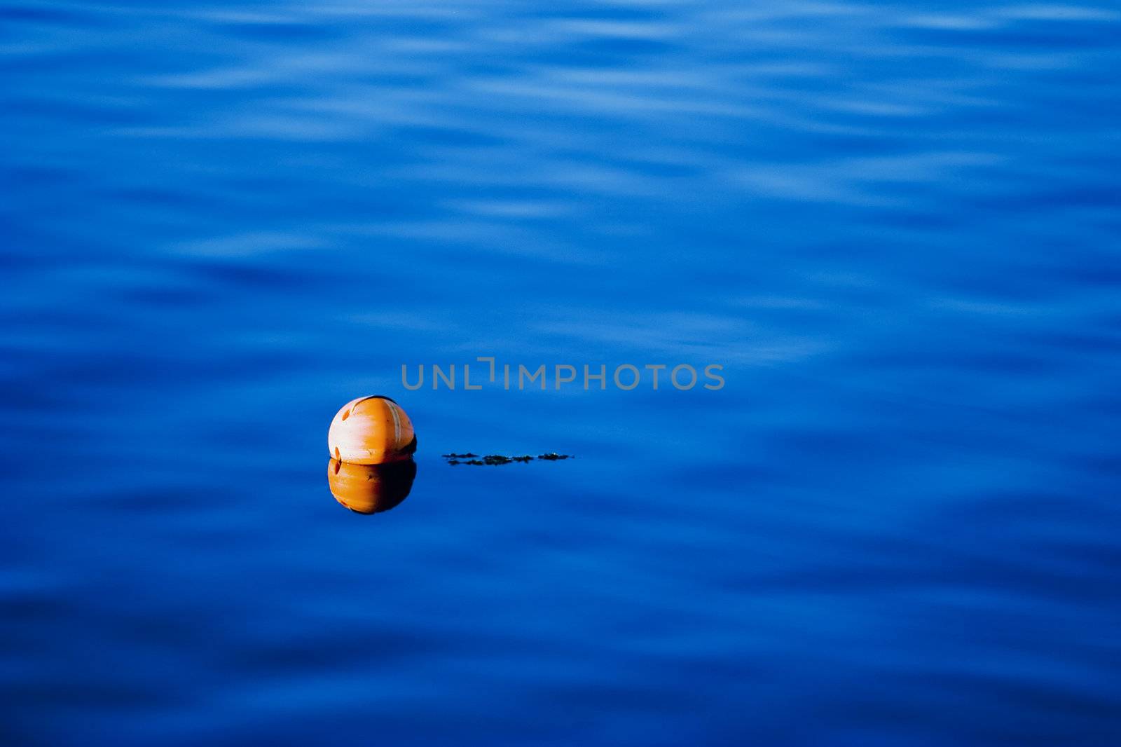Orange buoy on blue sea water by Lizard