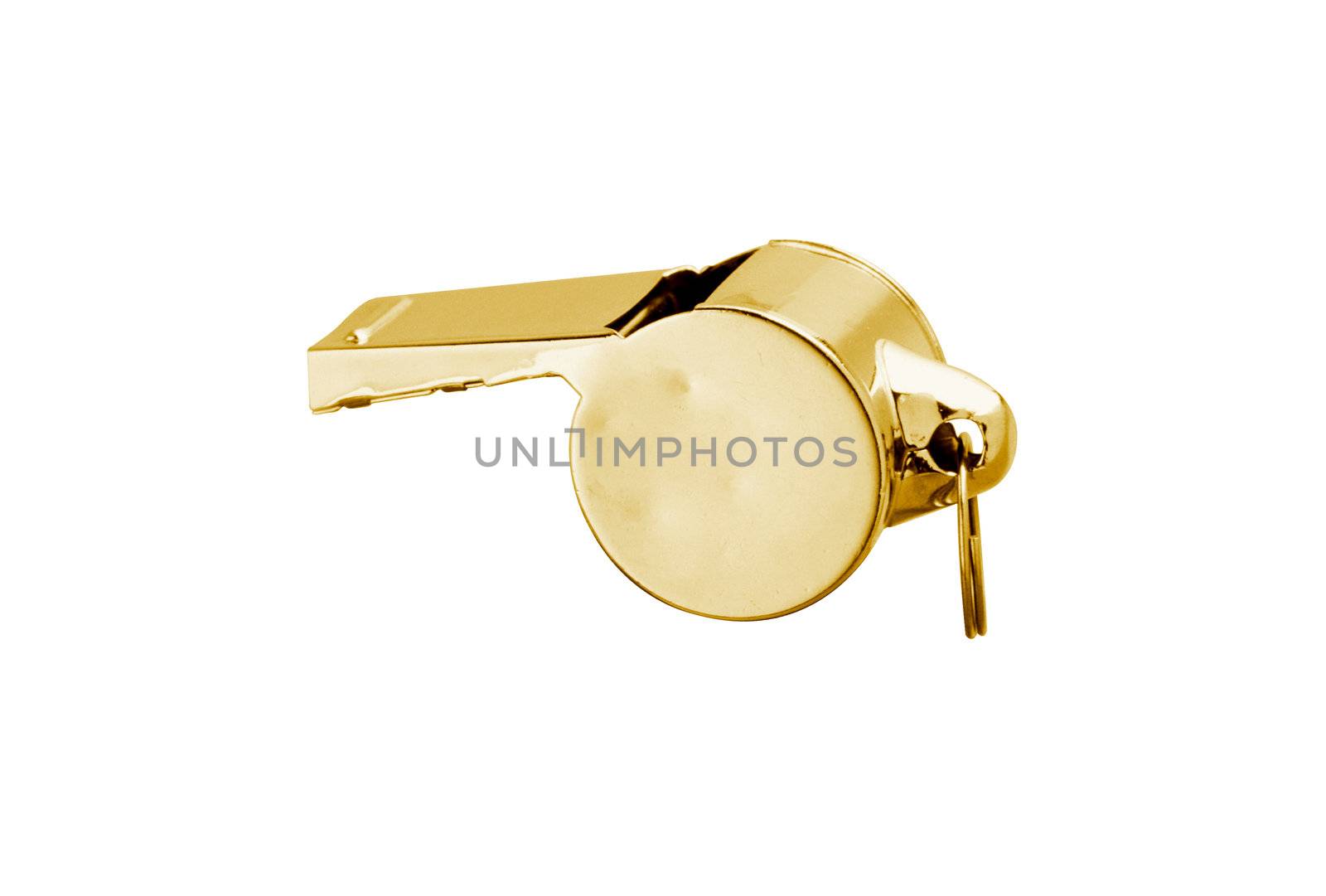 Golden whistle pendant isolated on white by shutswis