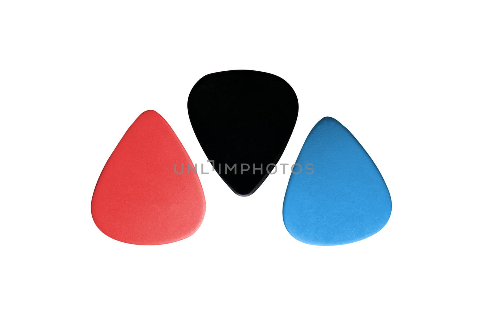 Closeup of 3 colourful plectrums isolated on white