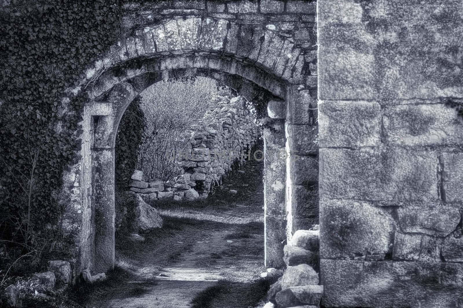 Stone doors inside of anciend European castle , retro style toned photo.