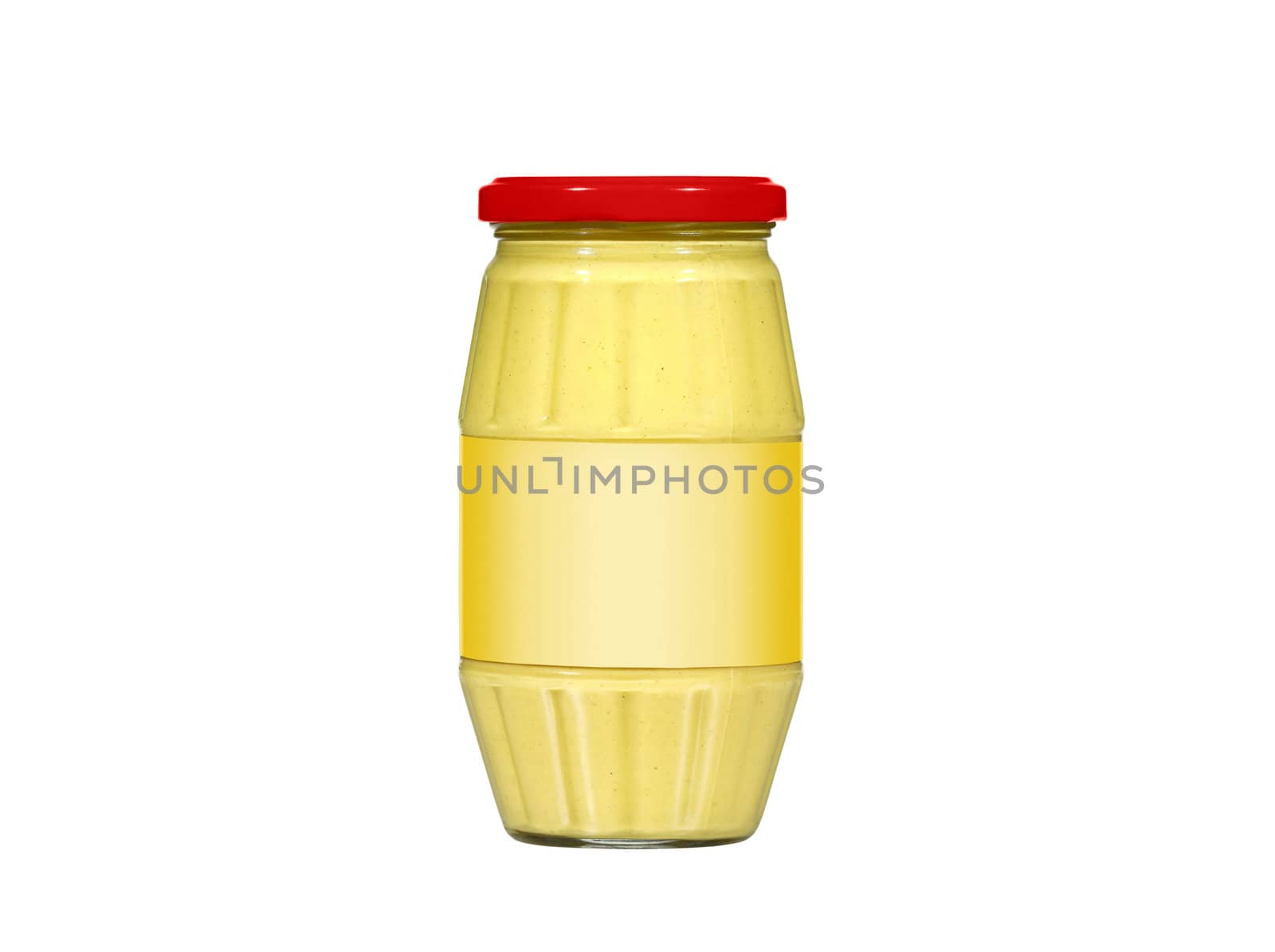 Glass jar of mustard isolated on white
