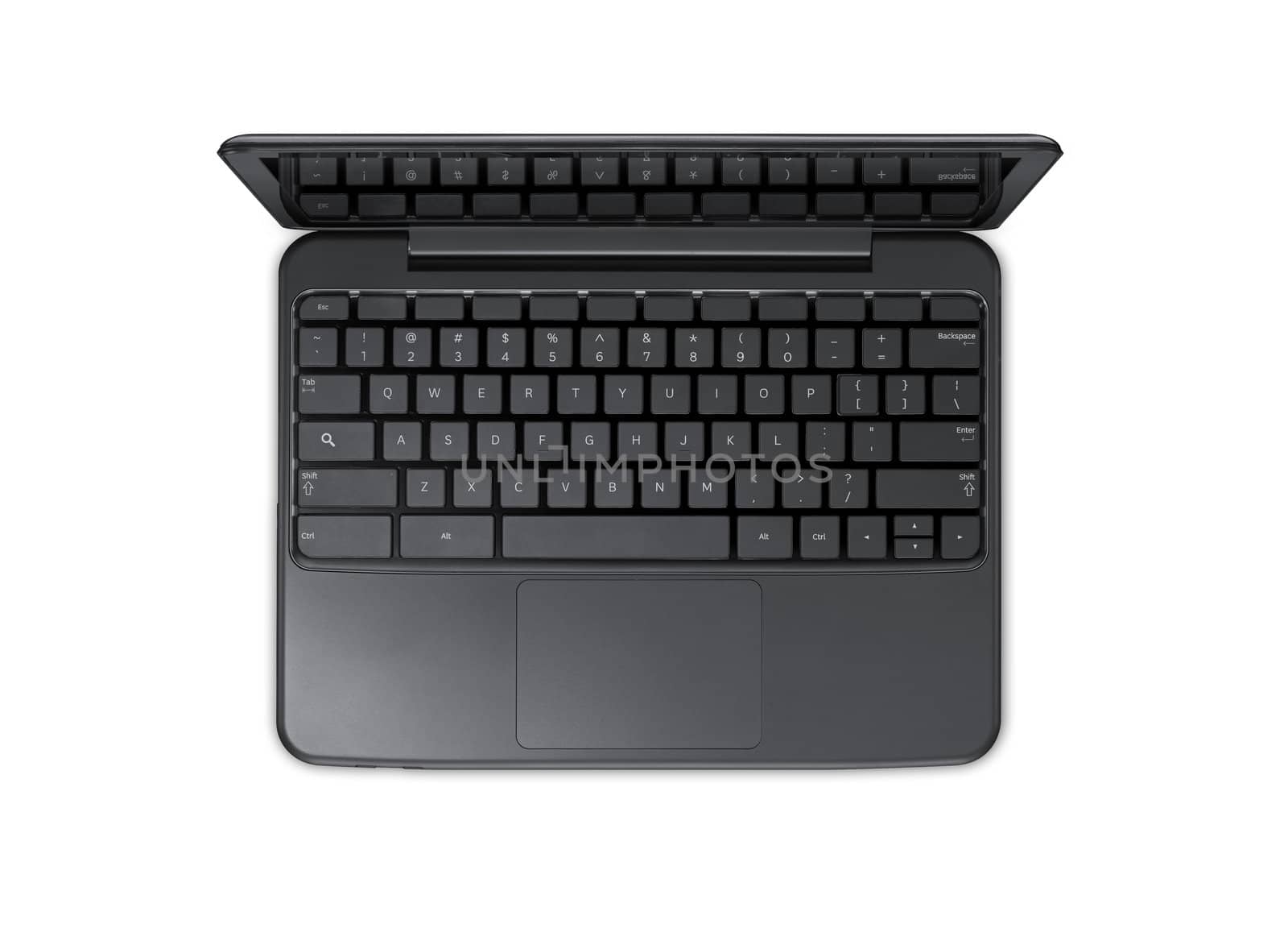 Open black laptop computer, isolated on white background.