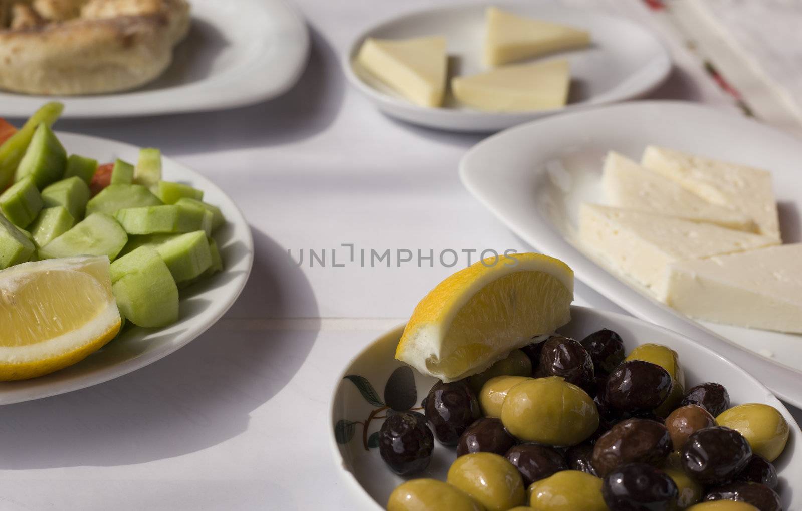 close up to classic Turkish style breakfast food plates