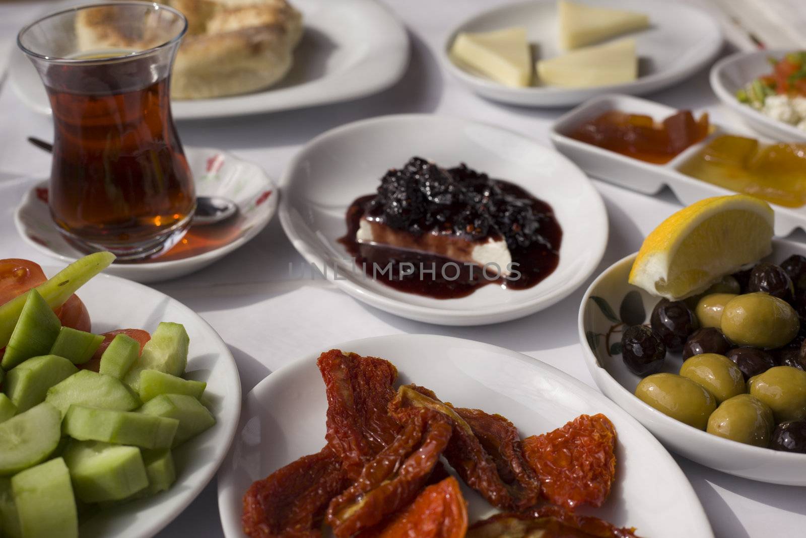 close up to classic Turkish style breakfast food plates by senkaya