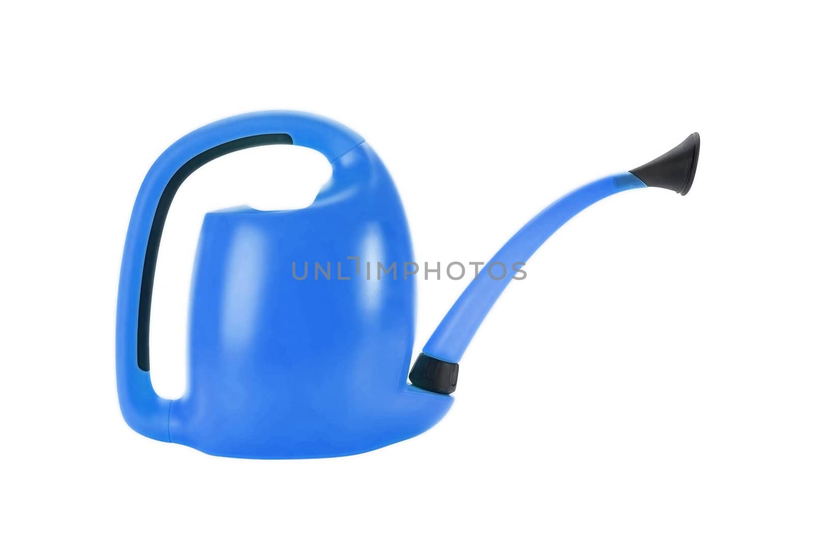 blue plastic watering can isolated on white