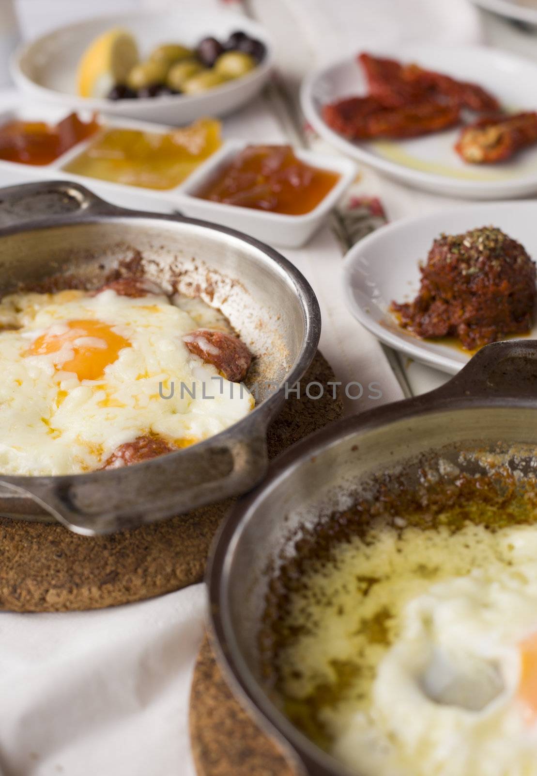 close up to classic Turkish style breakfast food plates