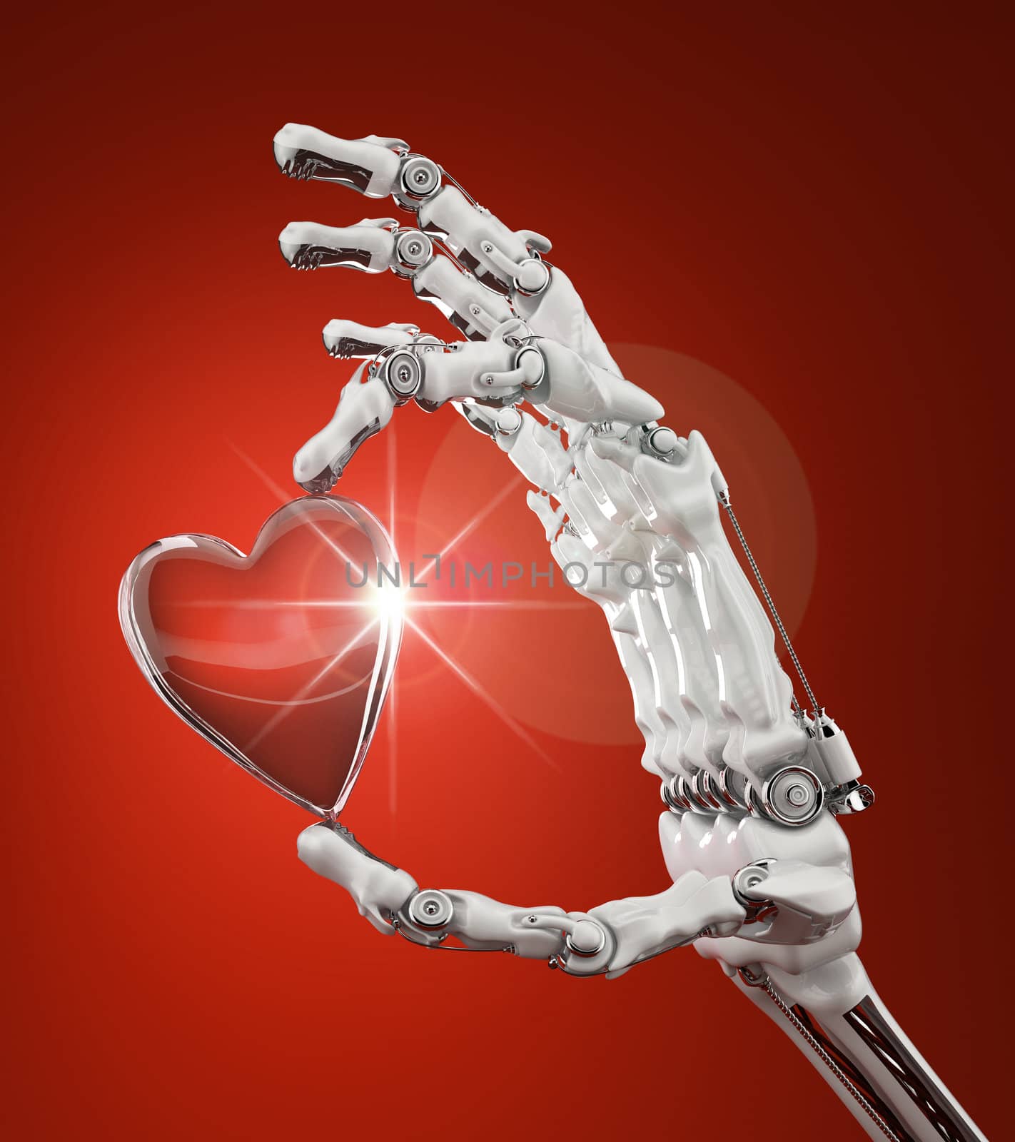 Robotic arm gently holding a glass heart
