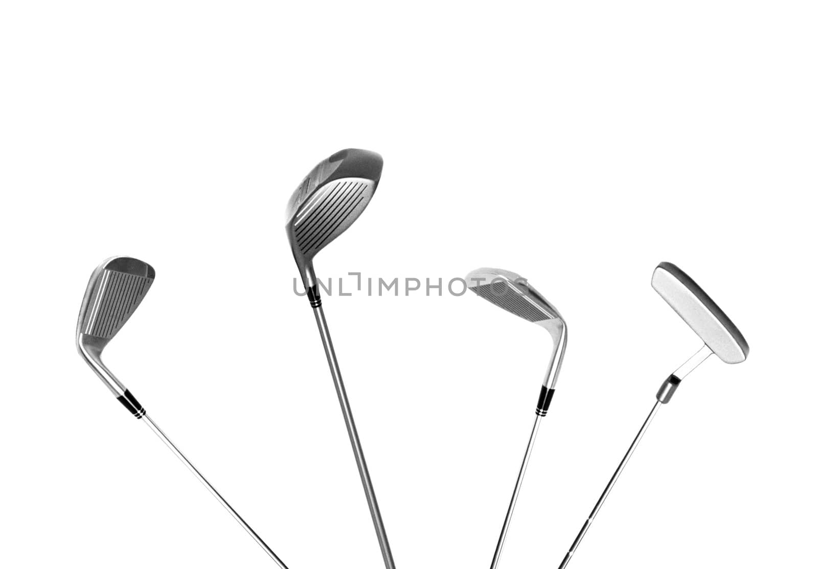 four different type of golf clubs, isolated
