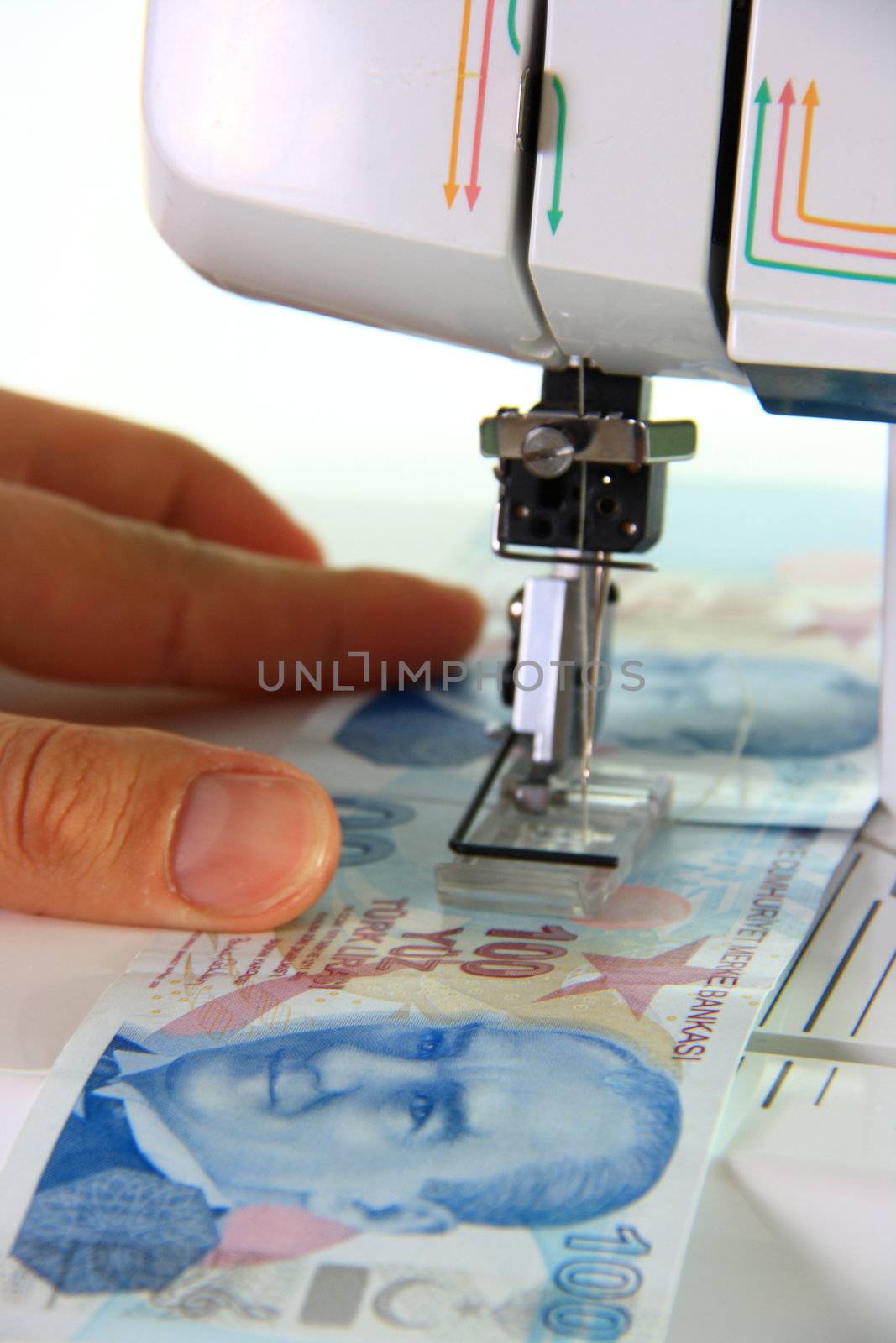 sewing machine sewing money turkish lira on white background