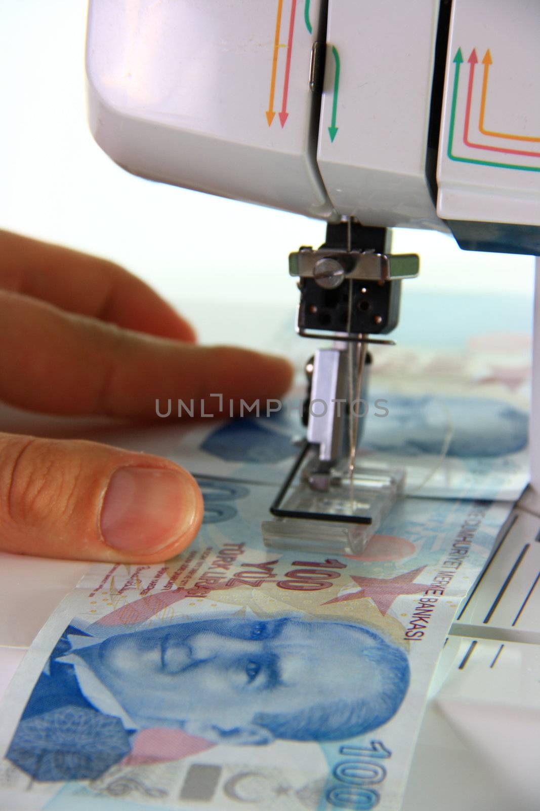 sewing machine sewing money turkish lira on white background