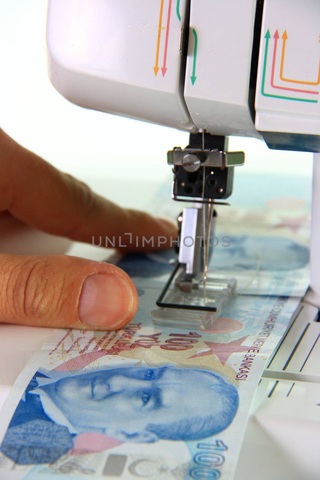 sewing machine sewing money turkish lira on white background