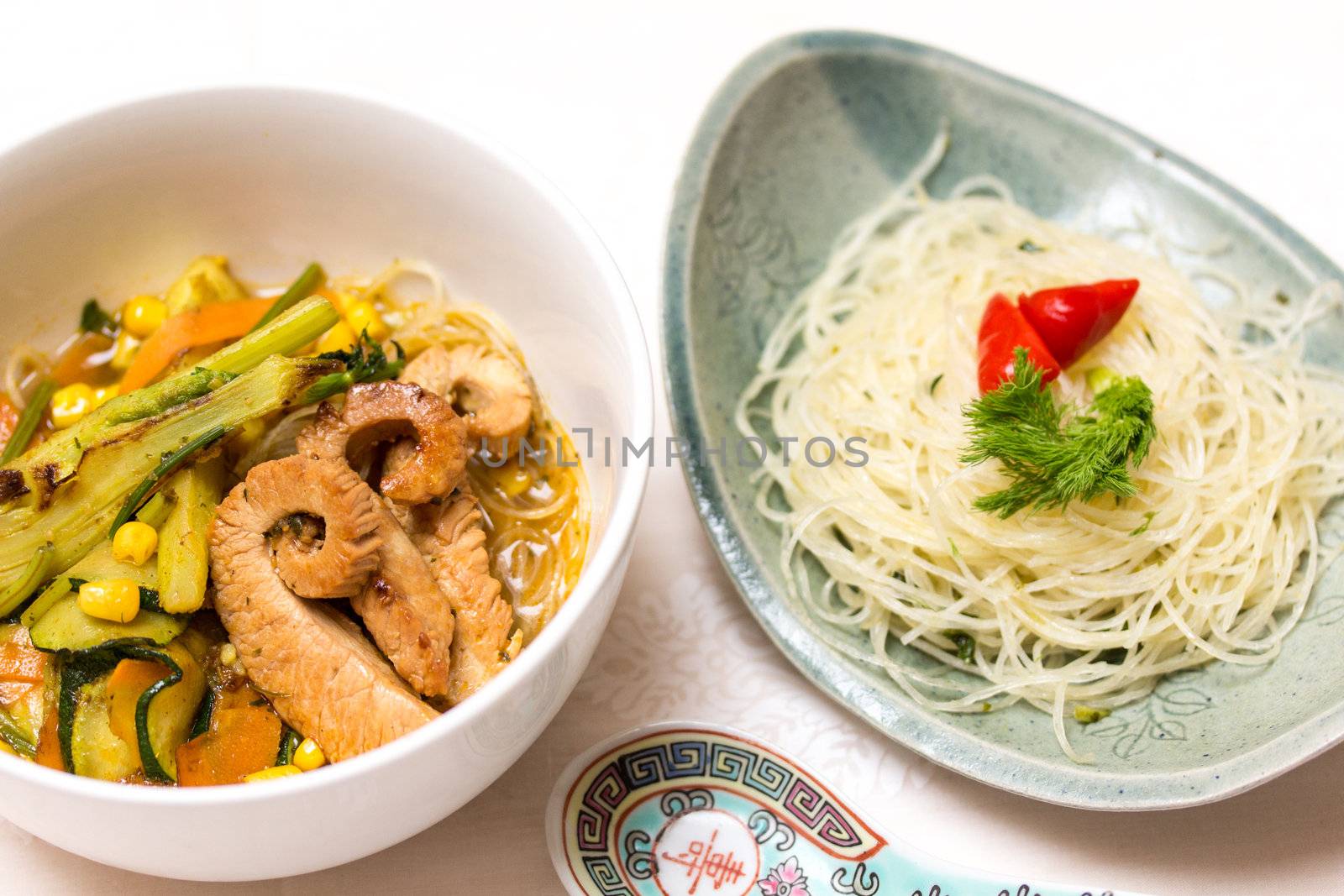 Asian chicken vegetable soup with rice noodles