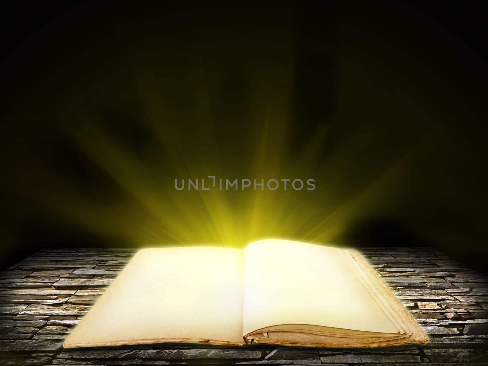 Old open book with blank pages on stone grunge background