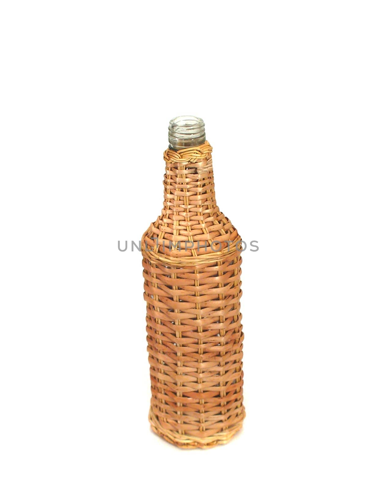 Empty transparent bottle in wood, on white
