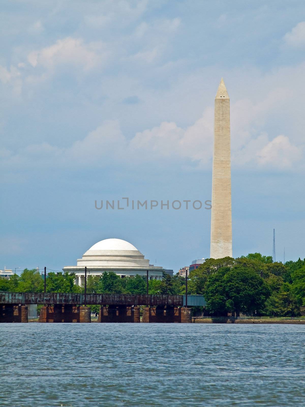 The Washington Monument and Jefferson Memorial in Washington DC as Seen from the Potomac River