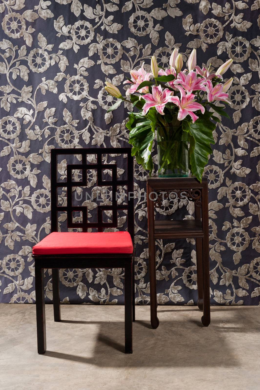 Black red Chair and side table furniture with elegant wall decoration

