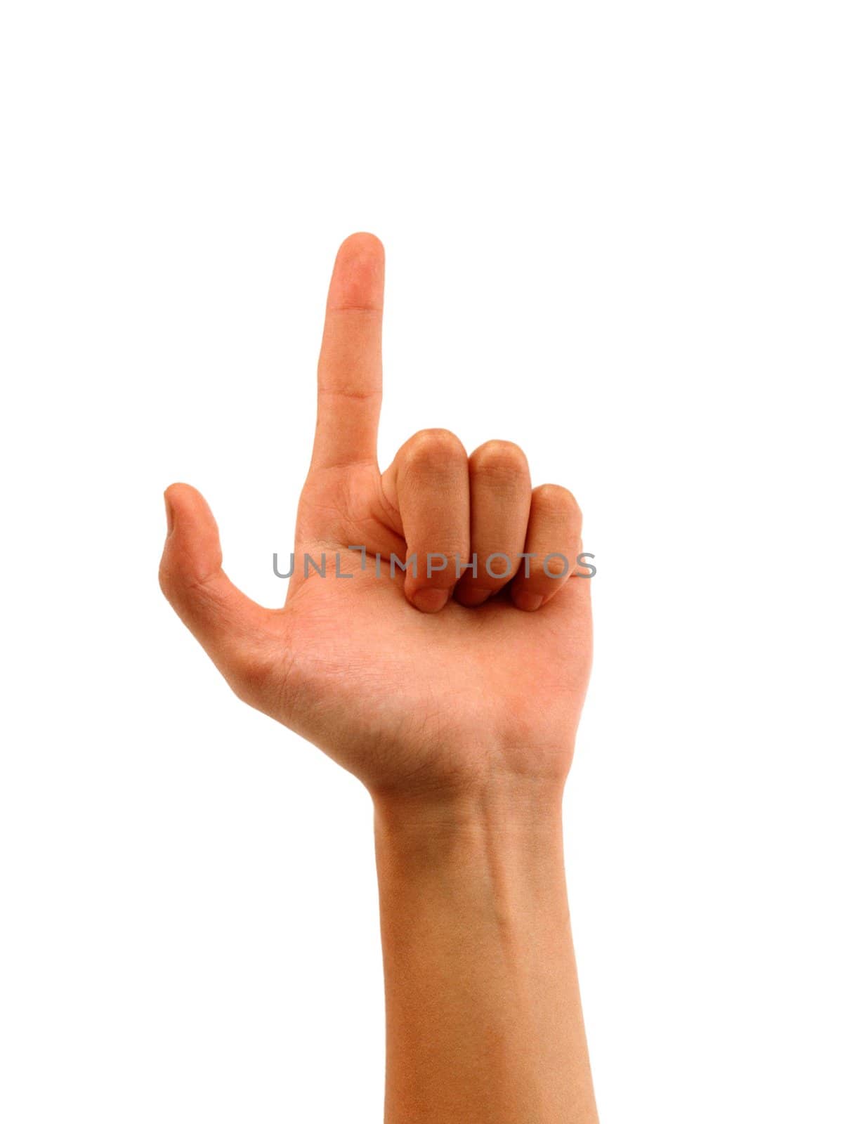 Hand up with pointing or pushing finger.