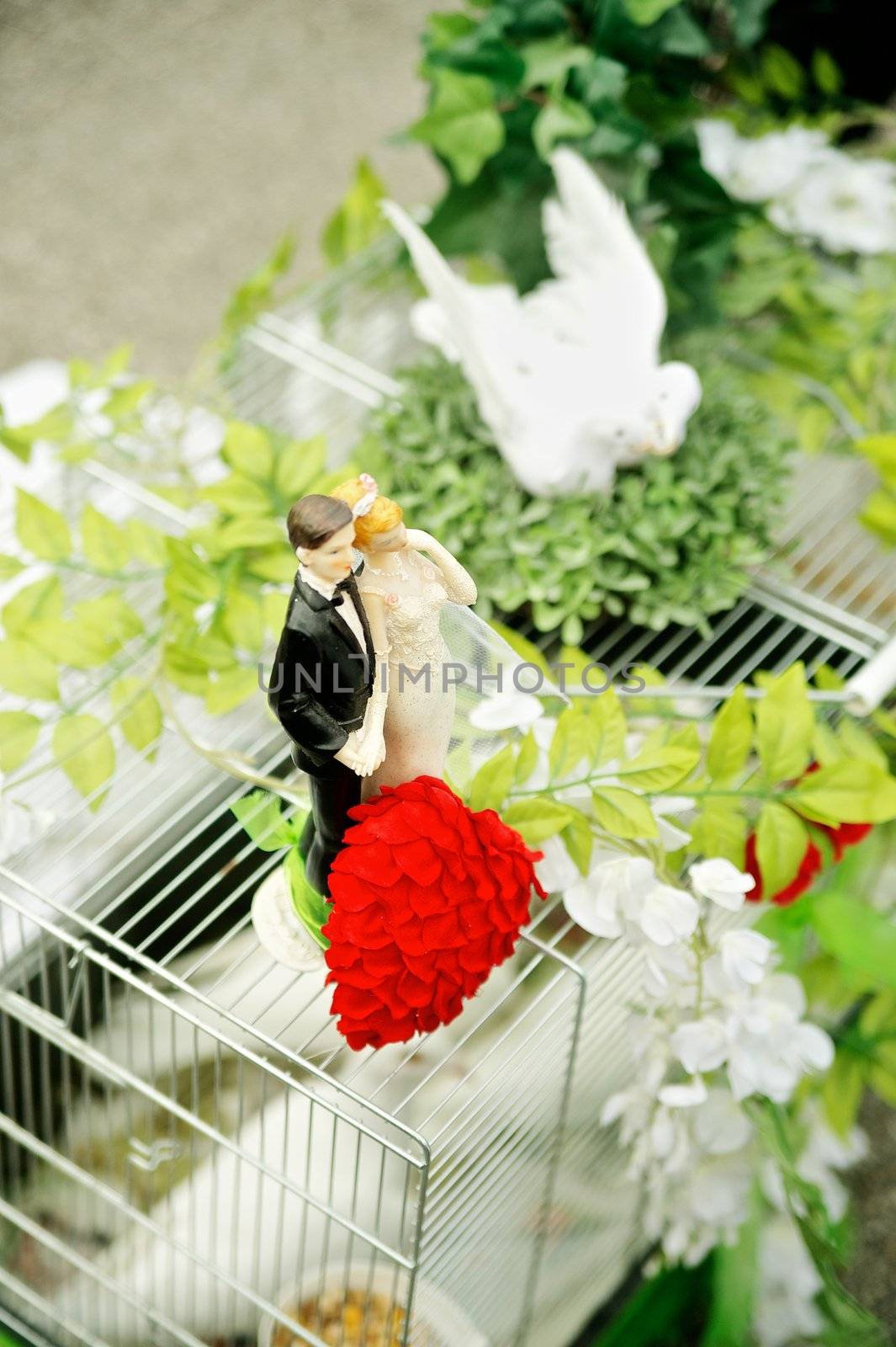 Dove cage with wedding figurines and floral decoration