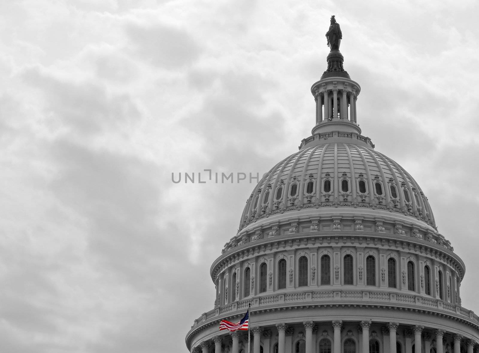 United States Capitol Building in Washington DC in Black & White and American Flag in Color