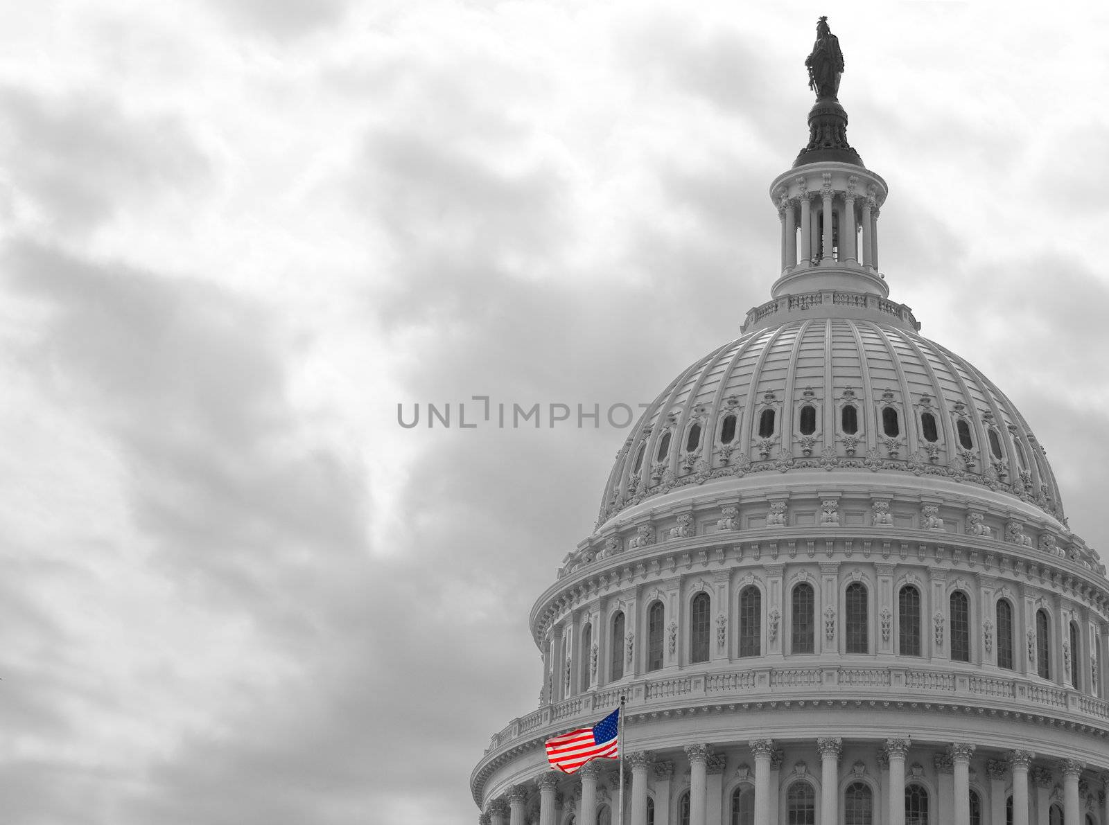 United States Capitol Building in Washington DC in Black & White and American Flag in Color