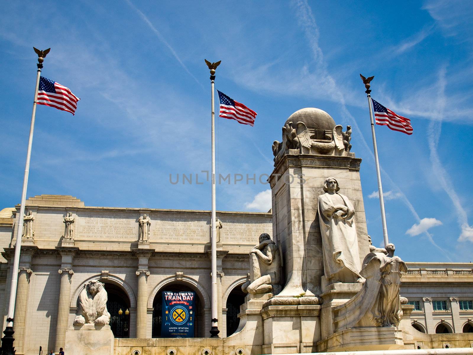 Union Station at Washington DC with Three American Flags