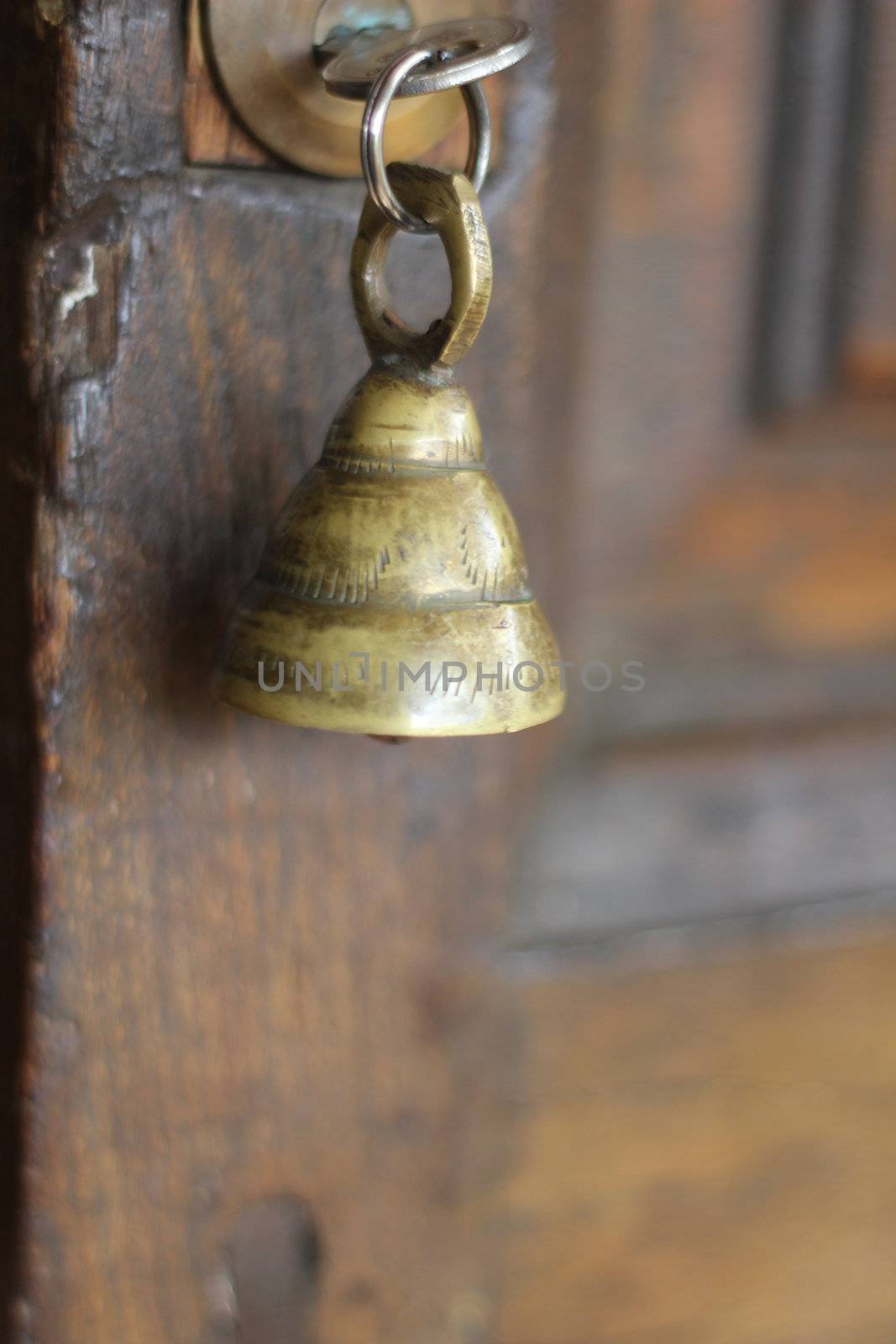 a key with a bell key chain on a strong wooden door