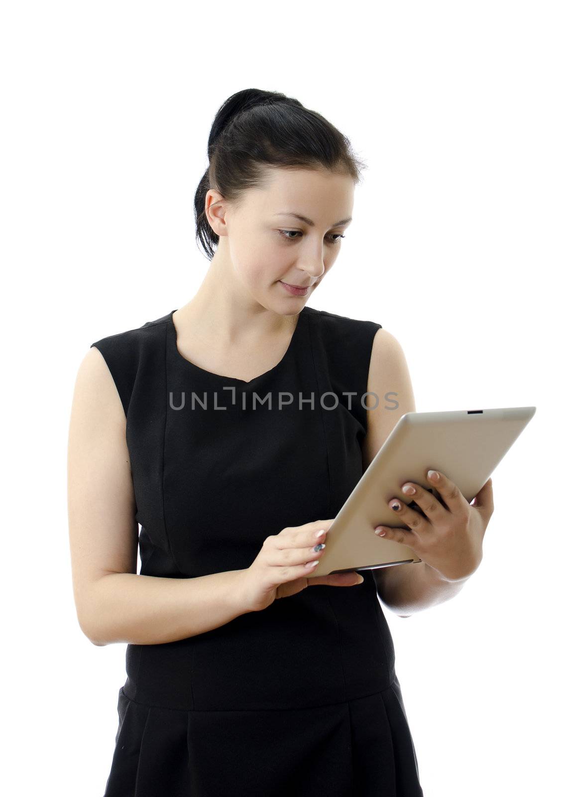 Woman holding tablet computer isolated on white background