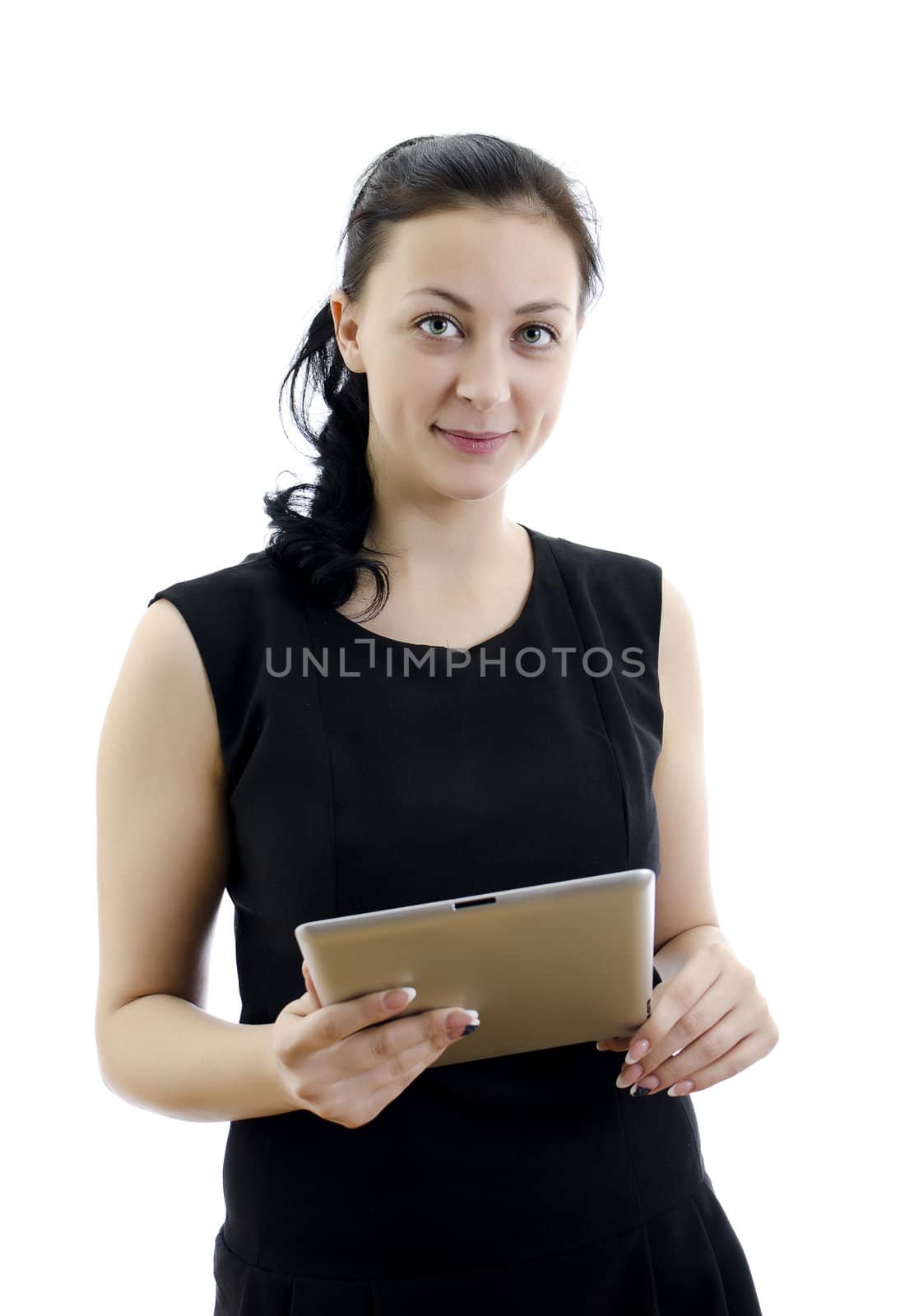 Woman holding tablet computer isolated on white background