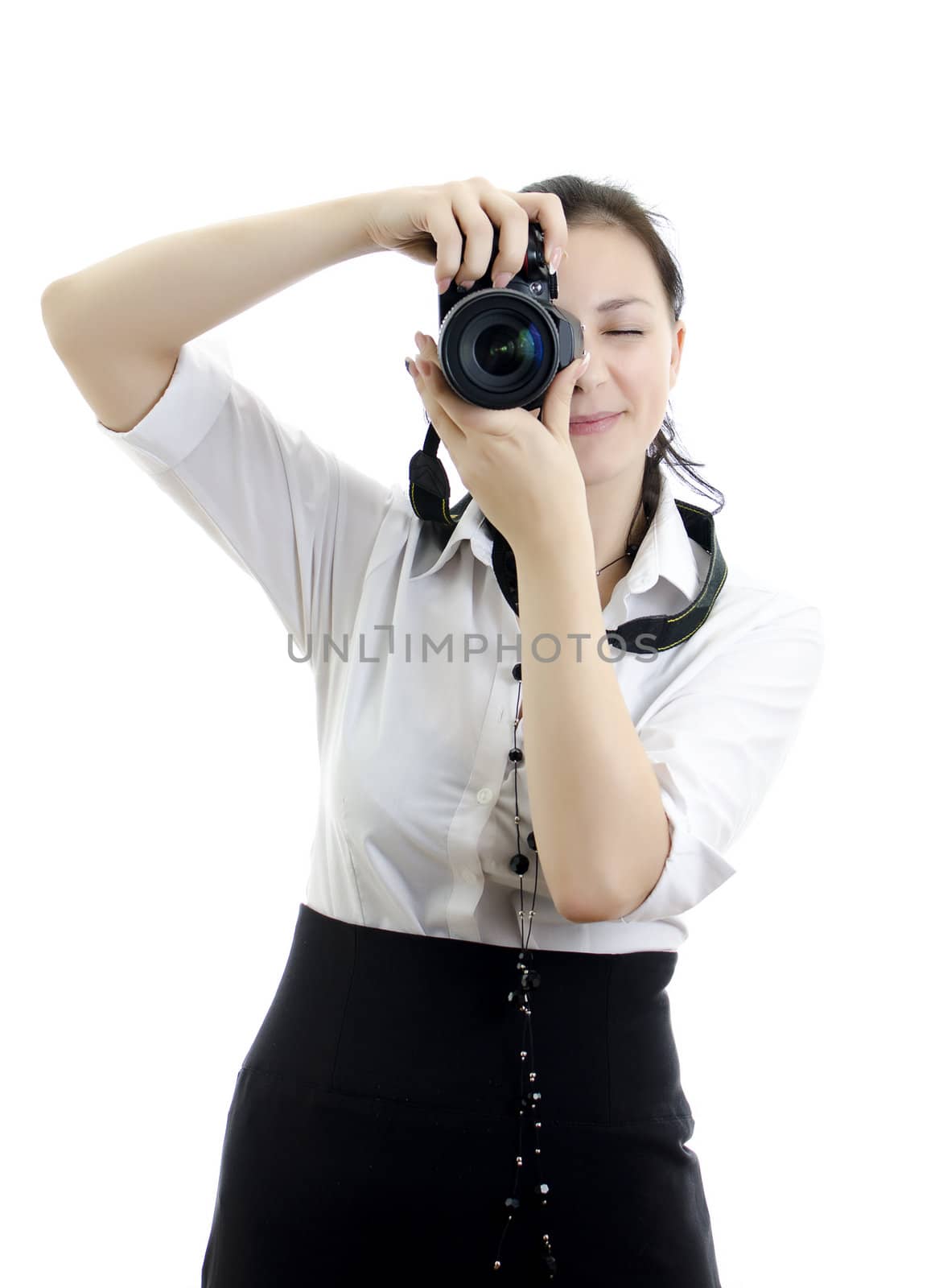 young brunette girl with photocamera isolated on white