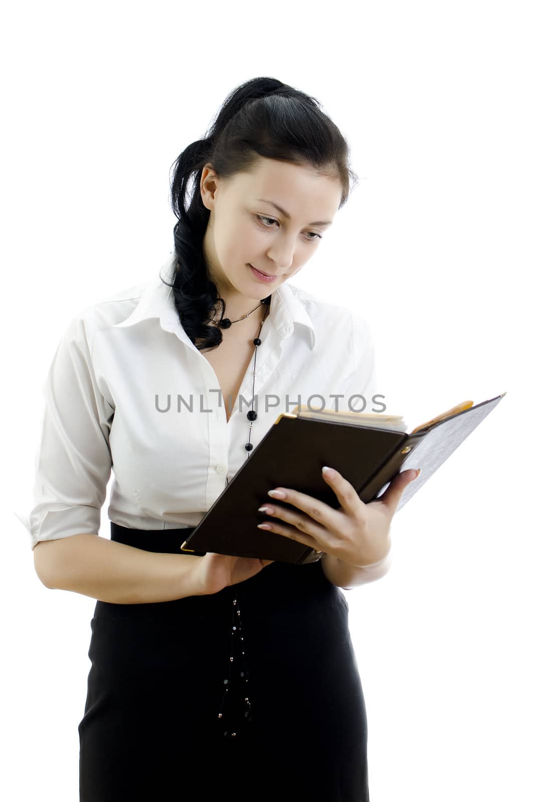 Business woman with folder isolated on white background