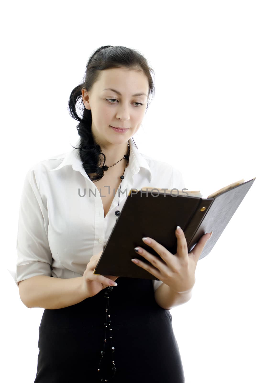 Business woman with folder isolated on white background