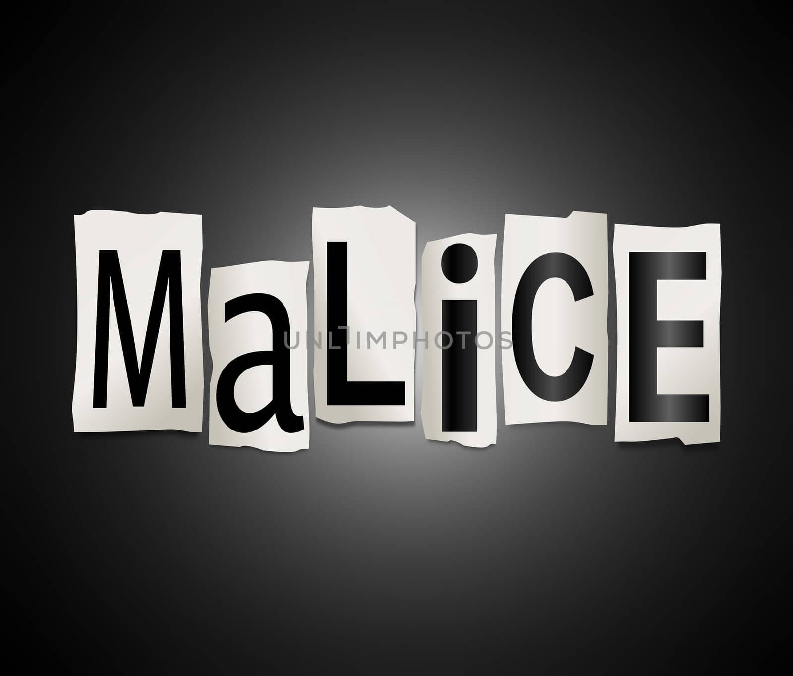 Illustration depicting cutout printed letters arranged to form the word malice.