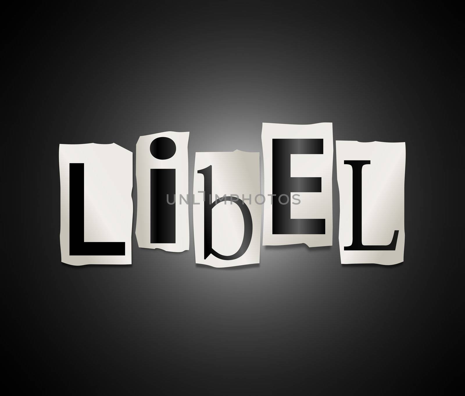 Illustration depicting cutout printed letters arranged to form the word libel.