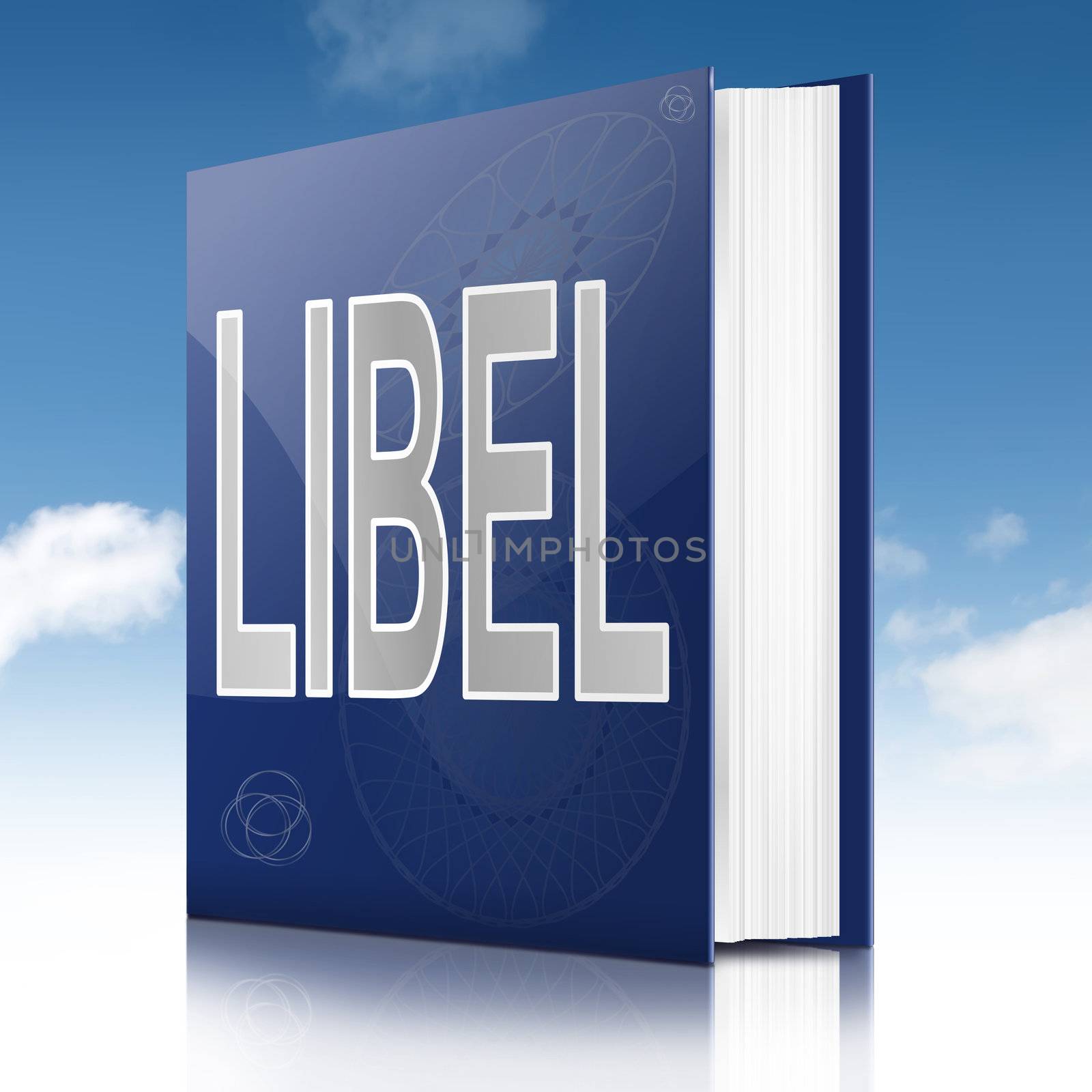 Illustration depicting a book with a libel concept title. Sky background.