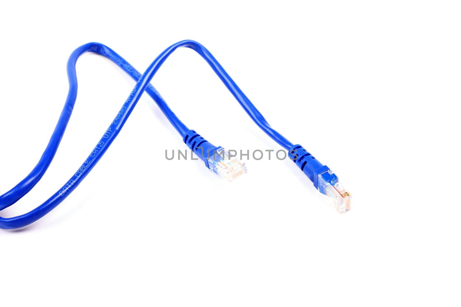 Blue UTP network cable isolated on white background. Studio shot by borodaev