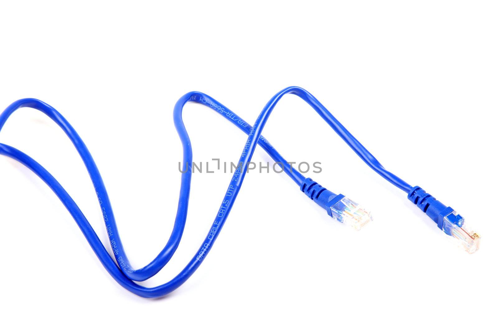 Blue UTP network cable isolated on white background. Studio shot by borodaev