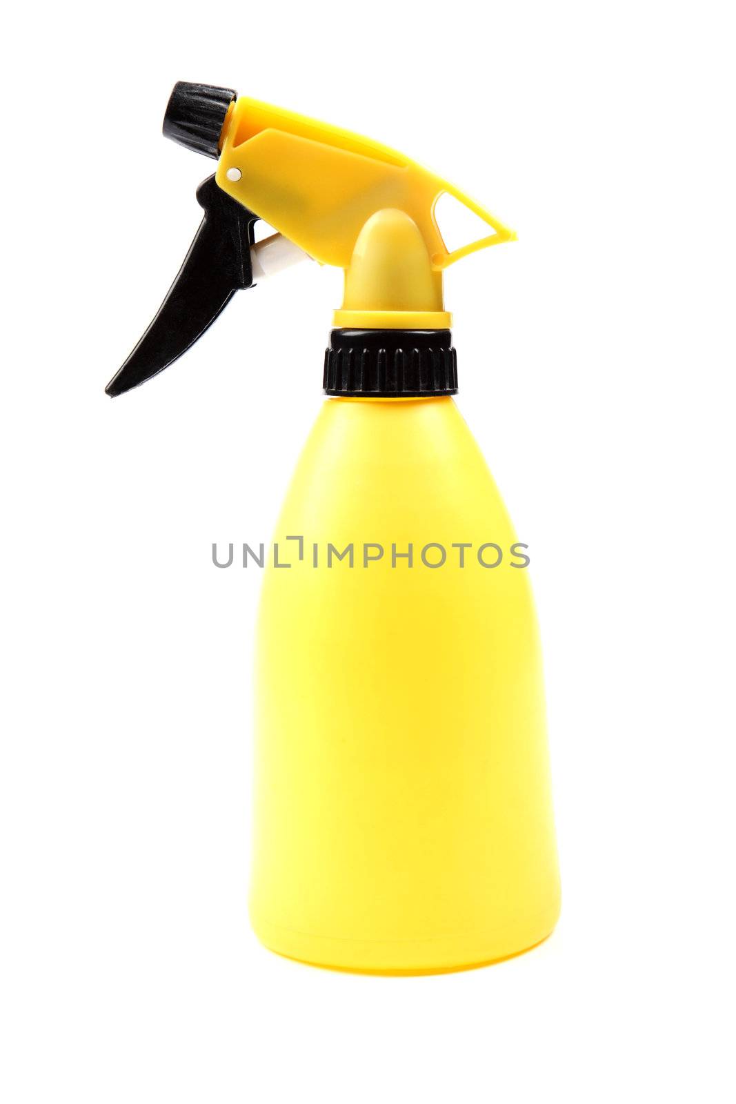 Yellow with black plastic water sprayer isolated on white background.