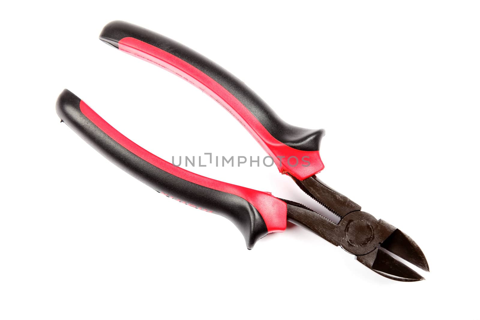 Red with black cutting pliers isolated on white background. by borodaev